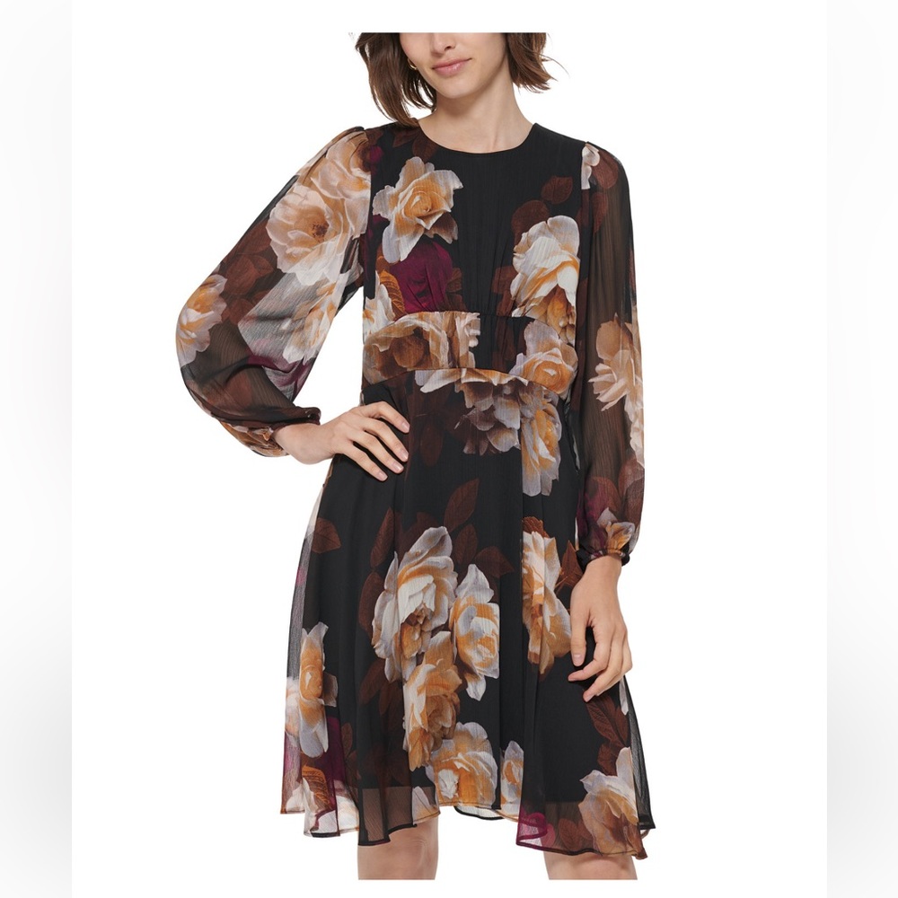 Calvin Klein Floral-Print Balloon-Sleeve Shift Dress
